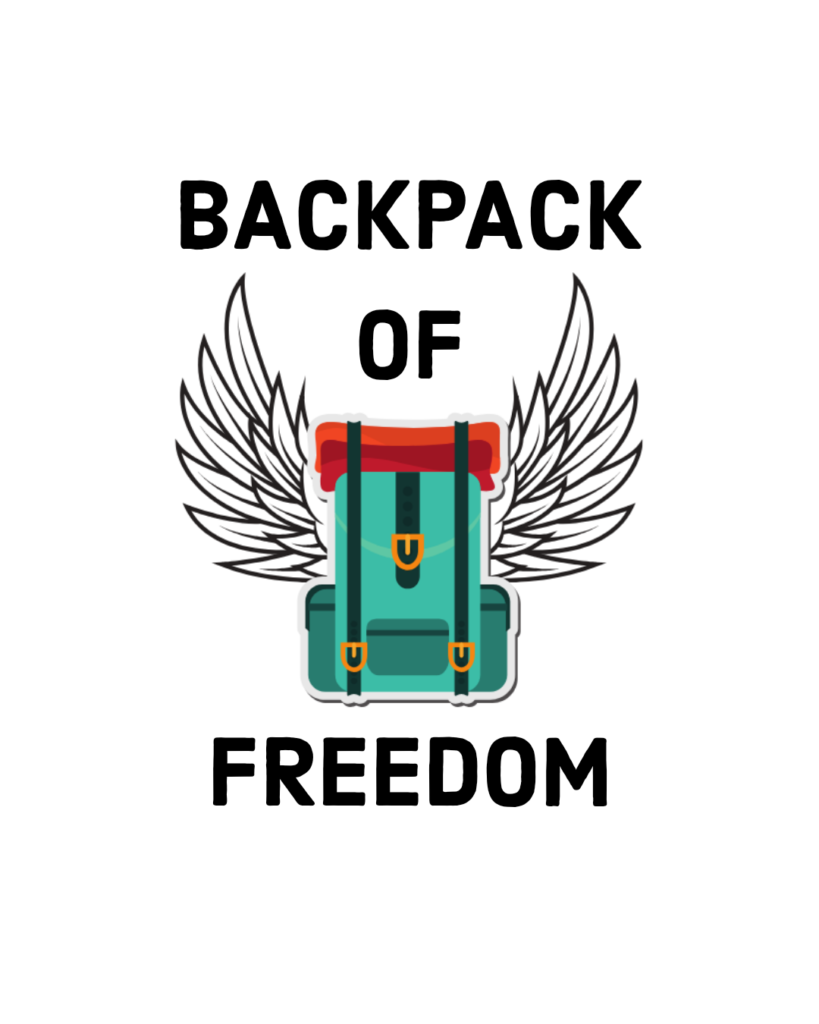 Das Logo von Backpack of Freedom, ein Rucksack mit Engelsflügeln daran. Drumherum ist der Schriftzug zu lesen.