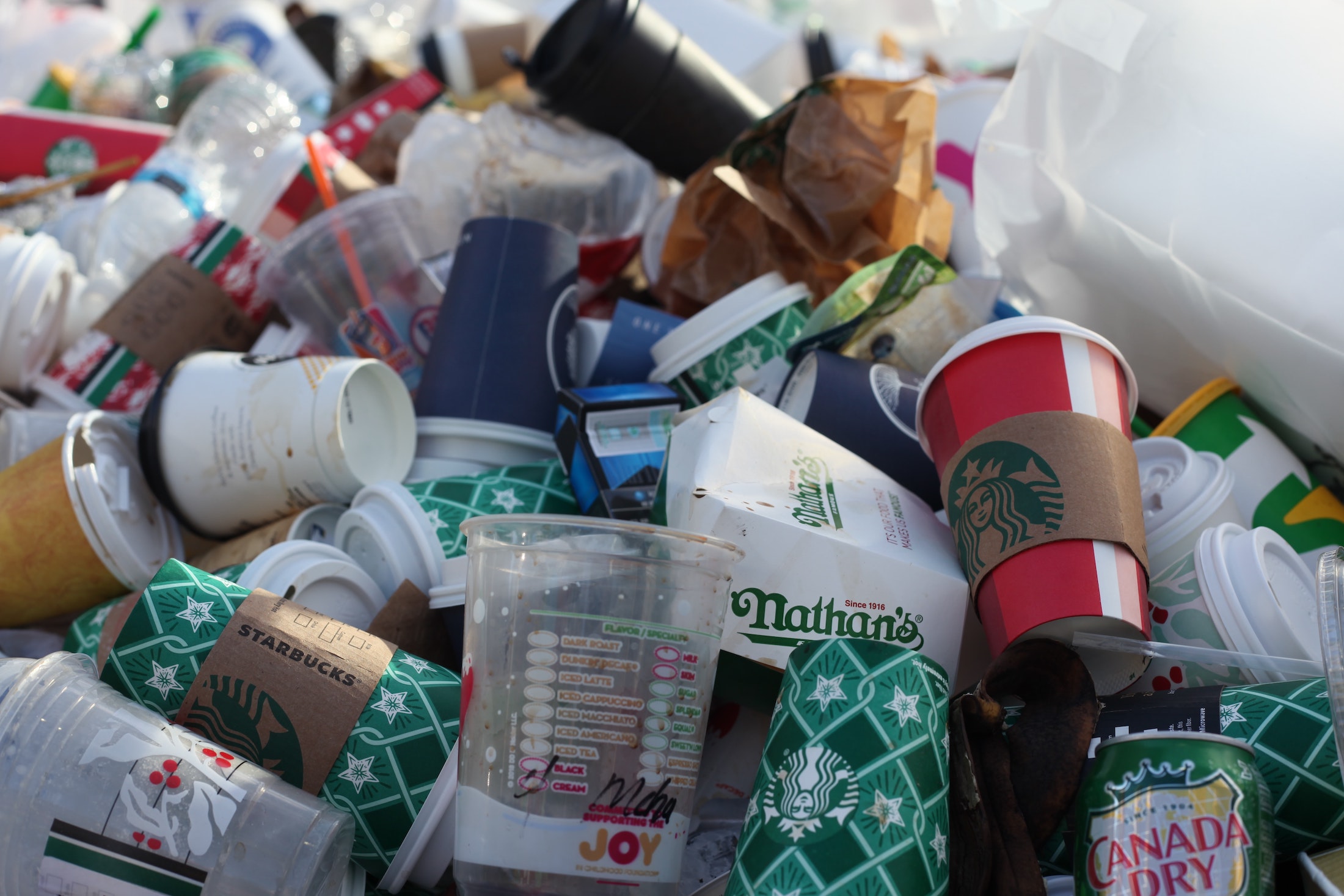 Ein Müllberg aus Coffee To Go Einwegbechern und weiteren Einwegplastik Verpackungen. Man sieht zahlreiche unterschiedliche Marken.